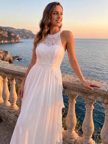 YUMIBRAVO Elegant Bridal Destination Wedding Gown, Chiffon Floor-Length White Dress, Suitable For Wedding Ceremony, Bridal Party, Beach Wedding - White - View 7