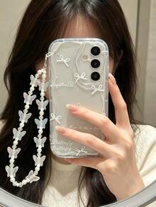 1 buah Casing Ponsel Transparan Lembut Motif Gelombang Besar Krem dengan Pita Putih & Cetakan Huruf Kupu-kupu, Gelang Manik-manik Kupu-kupu DIY, Pola Gelombang Putih Krem, Lensa Cakupan Penuh, Casing Lembut, Kompatibel dengan Ponsel Seri 1 - Clear - View 3
