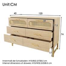 6-Drawer Rattan Sideboard, Dresser, Vanity For Living Room And Bedroom, Metal Handles, Anti-Tip Protection, 120 X 40 X 74, Sonoma Oak - Oak + Metal + Particle Board - View 4