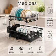 Escurridor de Trastes Acero Inoxidable, Escurridor de Platos de 2 Niveles, Estante para Secar Platos sobre el Fregadero para Platos para Organizar la Cocina (Negro) HG057 - Ver 3