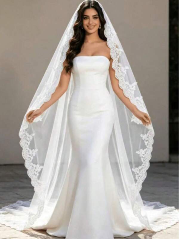 Long Lace Bridal Veil, Outdoor Party Lawn Wedding, Church Wedding Train Veil, Fashion Accessory For Wedding Dress Shop