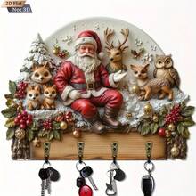 Christmas Animal Santa Claus Key Holder, Wooden Multi-Function Home Key Rack With 4 Metal Hooks, Suitable For Wall Decor, Porch Decor, Room Decor, Villa Decor And All-Season Home Decoration - Multicolor - View 2