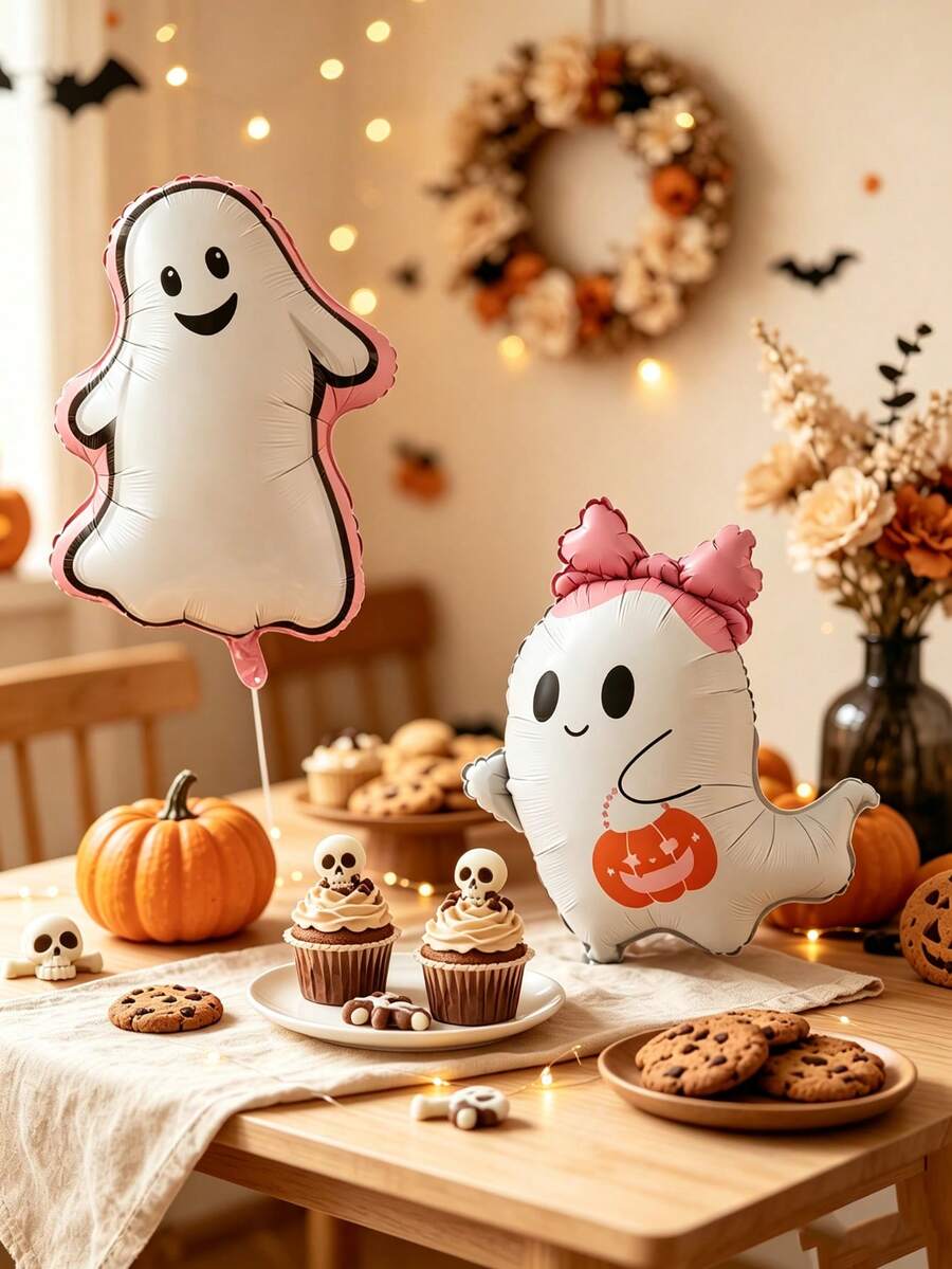 2pcs Cartoon Pink-Edged Ghost & Cute Monster Balloon Set, Halloween Party Atmosphere Decoration Balloons - View 1