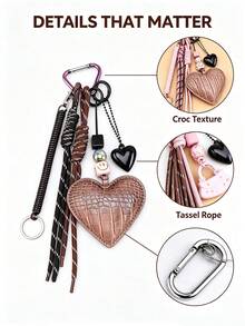 Y2K Crocodile Pattern PU Heart Keychain, Woven Tassel Bag Charm With Spring Coil Rope, Vintage Bag Decoration, Aesthetic Bag Accessory Gift For Girls - Multicolor - View 6