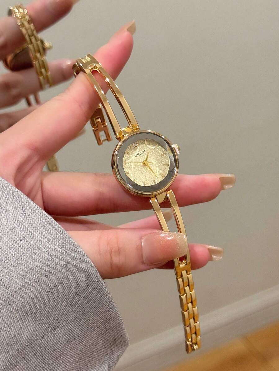 1件金色方形手鍊石英女錶，精緻小巧時尚，適合日常配戴，生日/畢業禮物，休閒風 - 金色 - 查看 1