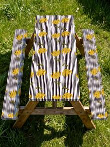 3 PiecesPicnic Tablecloth Set With Bench Cover, Elastic Edge Design, Line & Floral Pattern, Matching Floral Pattern, Washable Rectangular Tablecloth, Suitable For Weddings, Camping, Picnics, Garden Parties And More, Practical Essential - C - View 7