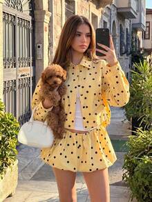 Women's Polka Dot 2 Pieces Set, Lapel Long Sleeve Drawstring Ruched Cropped Top And Puff Shorts With Elastic Waist, Casual Vacation Outfit - Yellow - View 2