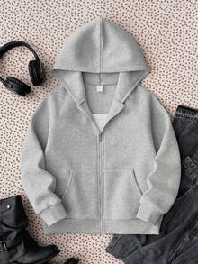 1 buah Jaket Sweatshirt Berkerudung dengan Resleting untuk Anak Perempuan, Cocok untuk Musim Gugur/Musim Dingin, Gaya Kampus, Pakaian Acara Pulang Kampung - Grey - View 2