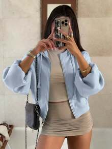 Women's Casual Cute Light Blue Knitted Fabric Short Sleeve Shacket Regular Length Rib-Knit Detail Round Neck Jacket For Spring And Fall Outfits - Light Gray-blue - View 3