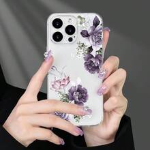 1 pieza Funda de teléfono de pantalla completa con patrón floral y de hojas púrpura de alta transparencia, material TPU transparente suave, anti-caídas, anti-rayones, anti-huellas, protección de lente de cámara, compatible con Apple, Nothing, Pixel, funda protectora - Multicolor - Ver 2