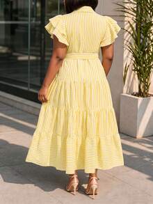 NOU Women's Long Dress With Formal Collar, Front Button Closure, Waist Tie, Flared Sleeves, Lightweight And Breathable Fabric, Suitable For Spring/Summer Wear, Casual, Work, Commute, Elegant Striped Long Dress With Double-Layer Design And Buttons, Suitable For Wedding, Holiday, Office, Tea Party, Spring/Autumn - Multicolor - View 5