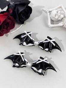 1pc Dark Sweet Cool Subculture Bat Wing Bow Hair Clip With Exquisite Heart Rhinestone Decor, Niche Headpiece For Halloween Party Atmosphere, Suitable For Holiday Styling, Travel, Photography, Daily Outfit Matching And Multiple Style Looks - Multicolor - View 14