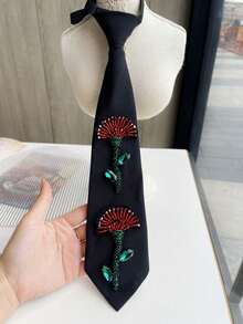Black Handmade Beaded Floral Tie, Red & Green Rhinestone Flower Decor, Niche Aesthetic Shirt Skinny Tie - Red Double Flowers - View 6