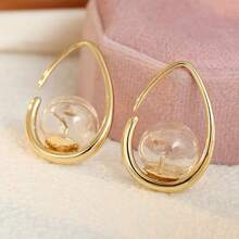Gmzalx Fresh Literary Style Women's Water Drop Ear Hooks, Dandelion Dried Flower Glass Ball, Multi-Functional Daily Commute Picnic Date Minimalist Earrings - Gold - View 3