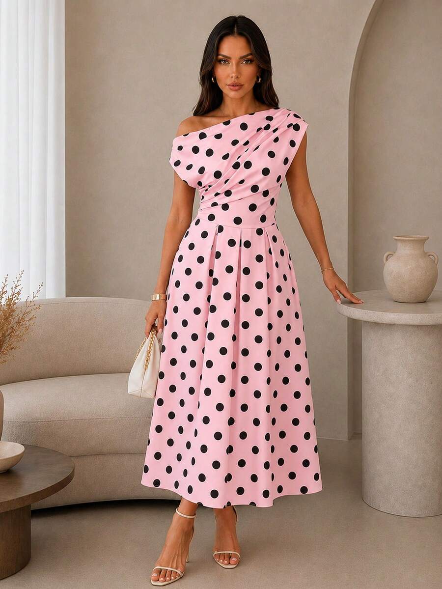 ChicMe 女款波點不對稱領中長版A字洋裝，復古百褶腰口袋陽光裙，優雅約會派對穿搭 - 西瓜粉 - 查看 1
