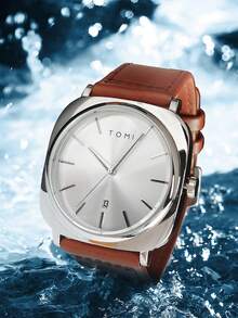 TOMI 極簡半透底 PU 皮革石英男錶，個性對比錶盤商務通勤學生度假禮盒腕錶 - 棕色 - 查看 3