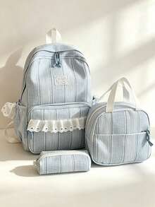 Fresh Artistic Style, Gentle Atmosphere, Plaid Single Piece Backpack Set, Lace Splicing Design, Large Capacity, Simple And Fashionable Backpack. - Multicolor - View 11