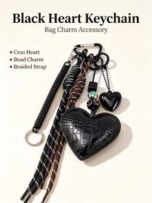 Y2K Crocodile Pattern PU Heart Keychain, Woven Tassel Bag Charm With Spring Coil Rope, Vintage Bag Decoration, Aesthetic Bag Accessory Gift For Girls - Multicolor - View 9
