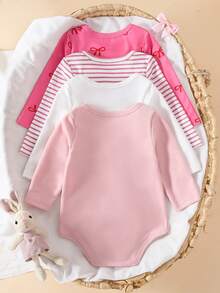 4pcs/Set Spring/Autumn Baby Girl Comfortable Cute Casual Triangle Bodysuit - Multicolor - View 2