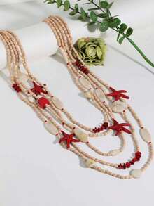 1pc Bohemian Ocean Holiday Style Acrylic Faux Starfish & Shell Multi-Layer Beaded Long Necklace, Suitable For Women Beach Vacation, Photography, Outfit - X-1672 Long Starfish Necklace - View 7