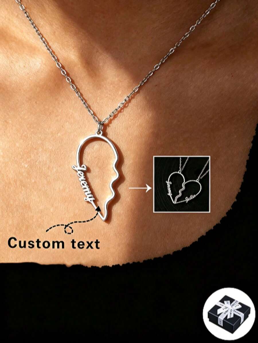 1 Pair Customized Heart-Shaped Couples Necklace With 1-2 Names, Stainless Steel Gold Or Silver Color, Unique Personalized Jewelry For Women, Girls, Daily Wear, Ideal Gifts For Girlfriend, Mom, Family, Friends, Daughter, Grandparents, Anniversary, Birthday, Daily Wear, Prom, Mother's Day, Valentine's Day, Graduation, Wedding - Silver - View 1