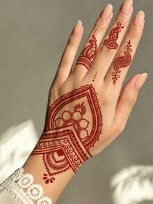 1張臨時紅褐色海娜紋身貼紙，心形曼陀羅佩斯利 Mehndi 假紋身，防水持久身體藝術貼紙，適合女性手部、手腕、手指，婚禮派對使用，不含海娜成分 - 紅色 - 查看 3