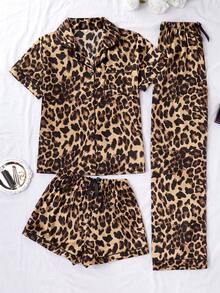 3pcs/Set Women Leopard Print Pocketed Short Sleeve Top & Shorts & Pants Pajamas Set, Suitable For Spring, Summer - Multicolor - View 4