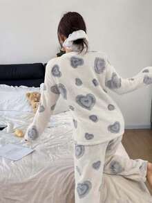 Dreamivo Soft Heart Flannel Pajama Set For Women, Autumn/Winter Round Neck Long Sleeve Thick Fleece Loose Pants 2 Pieces Home Wear - White - View 4