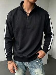 Men's Autumn/Winter Minimalist Solid Color Contrast Patchwork Loose Drop Shoulder Zip-Up Turn Collar Sweatshirt - Black - View 4
