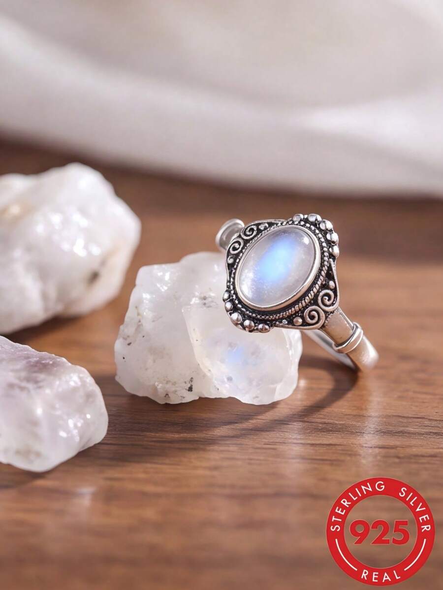 100% 925 Sterling Silver Natural Moonstone Women's Ring, Classic Fashion Adjustable Band Ring Jewelry Gift - Antique Silver - View 1