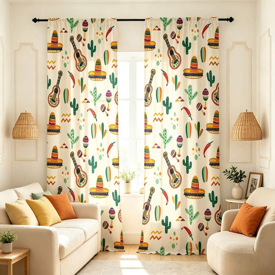 2 Stück mexikanischer Stil Graffiti Muster Halb-Verdunkelung Schlafzimmer Vorhänge, 90GSM Polyester Halb-Transparent Sichtschutz, Cartoon Stil Wohnzimmer Vorhänge, Küchen Vorhänge, geeignet für Zuhause, Zimmer, Küche und andere Trennwände oder Dekoration, Stangendurchzug Design einfache Installation, schnelltrocknend, waschbar, farbecht, leicht abnehmbare Vorhänge - Verschiedenfarbig - Übersicht 1