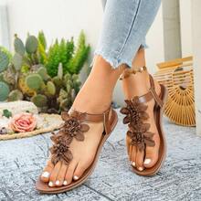 Women's Flat Sandals, Bohemian Floral Decor, Comfortable Flat Sole, Suitable For Summer Beach Vacation - Brown - View 2