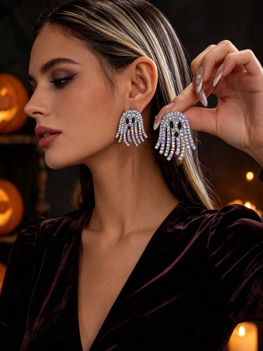 JOJELOO 1PC European & American Halloween Cute Ghost Rhinestone Tassel Earrings - Style 1 - View 1