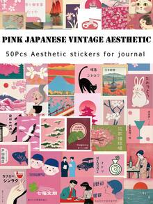 50Pcs Pink Japanese Retro Aesthetic Stickers Showa Style Decals For Journal Phone Case Water Bottle DIY Decor - Multicolor - View 1