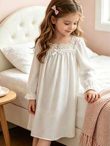 Spring/Autumn Girls' White Long Sleeve Lace Vintage Style Nightgown, Skin-Friendly Breathable Princess Style Home Casual Dress - White - View 8