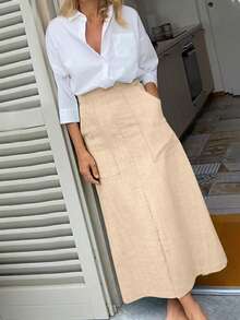 Women's Elegant Casual Solid Color Pocket Front Slit Minimalist Everyday Skirt - Apricot - View 1
