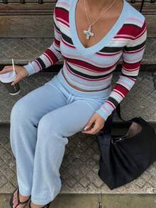 Setelan Sweater Pendek Bergaris Leher V dan Celana Rajut Lebar untuk Wanita, Pakaian 2 Potong yang Nyaman untuk Musim Gugur/Dingin - Baby Blue - View 7