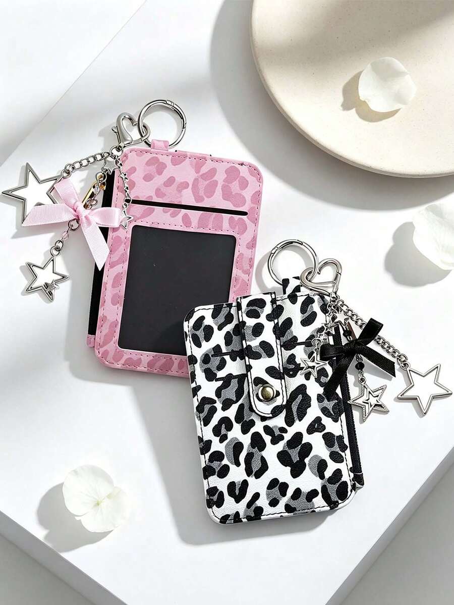 Dompet Kartu Motif Leopard Multi-Slot dengan Gantungan Kunci Pita Bintang, Dompet Koin Mini dengan Resleting, Dompet Kartu Tipis dengan Jendela ID, Dompet Kartu ID Portabel, Gantungan Tas, Tempat Kartu Kredit Y2K, Untuk Kartu ID, Kartu Transportasi, Uang Receh, Uang Tunai, Perlengkapan Perjalanan & Kembali ke Sekolah - MultiWarna - View 1