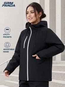 GRIM PANDA GRIMPANDA Women's Hooded Outdoor Jacket, Adjustable Drawstring Hood, Multi-Pocket Zipper Detail, Loose Fit Sports Black - Black - View 4