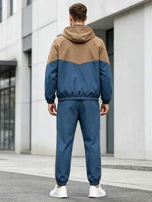 1pc Men's Autumn/Winter Colorblock Hooded Sports Set, Zip-Up Hooded Jacket + Drawstring Cuffed Jogger Pants, Contrast Color Patchwork Sweatshirt Set - Navy Blue - View 2