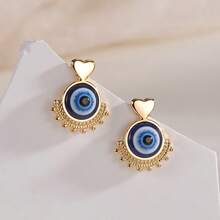 Vintage Metal Lace Stud Earrings, Gold Heart Patchwork Lace Blue Eye Pendant, Niche Exotic Style Earrings, Suitable For Casual Gatherings And Party Occasions - Gold - View 2