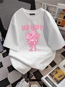 Camiseta de mujer con estampado unisex Y2K retro occidental "Howdy" para 21º cumpleaños, estampado gráfico de sombrero de vaquero rosa disco, camiseta casual. - Blanco - Ver 2
