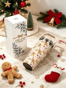 1pc/5pcs 30oz Stainless Steel Cup With Handle And Straw, Cute Christmas Gingerbread Man Candy Cane Snowflake Print, Leak-Proof Flip Lid, Suitable For Travel, Work, Fitness And Daily Outdoor Use - Beige-gingerbread Man - View 1