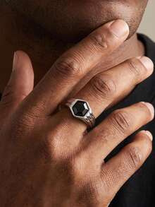 1 buah Cincin Perak Cor Heksagonal Stainless Steel Vintage dengan Zirkonia Hitam untuk Pria, Aksesori Perhiasan, Hadiah Liburan - RC985S - View 2