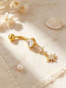 1pc Inlaid Cubic Zirconia Eight-Pointed Star Pendant Pierced Navel Ring, Suitable For Women's Daily Wear, Dating, Gathering, Party - Yellow Gold - View 6