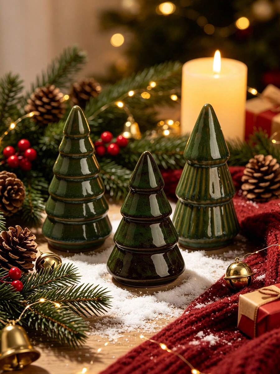 Holiday Party Supplies Mini Ceramic Christmas Tree, Vintage Glazed Christmas Decor, Home Desktop Decoration Ornament, Atmosphere Decorative Piece (Each Tree Is Unique, The Glazed Finish Cannot Be Identical, Please Consider Carefully Before Purchasing) - Army Green - View 1