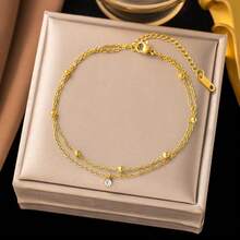 MESHUOKAI 1pc Stainless Steel Rhinestone Beach Anklet, Fashionable And Charming, Suitable For Women - Double Anklet - View 1