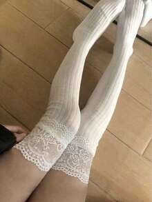 1 Pair Women's (Suitable For 60kg) Black Contrast Lace Comfortable Over-The-Knee Socks, Versatile For Daily Wear - Multicolor - View 3