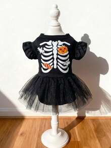 LUCKIE PAW 1pc Halloween Pumpkin Skull Pattern Flutter Sleeve Cute Princess Style Tulle Dress Suitable For Chihuahua Small Dogs Wedding Season Pet Clothes Applicable For Cats And Dogs Indoor And Outdoor - Multicolor - View 13