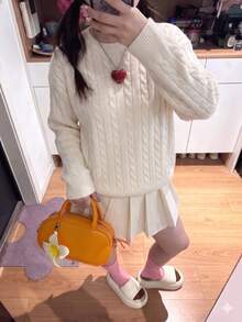 Minimalist Fashion Cable Knit Sweater Top For Women White Fall - White - View 3